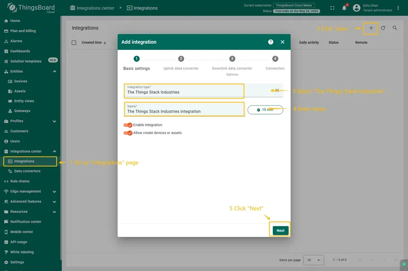 Click "**plus**"icon in the upper right corner to add new integration. Select type "**The Things Industries Integration**". Then, click "**Next**" button.