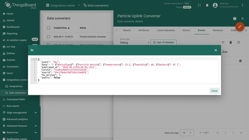 ThingsBoard — In dialog showing the raw Particle event JSON passed into the uplink converter