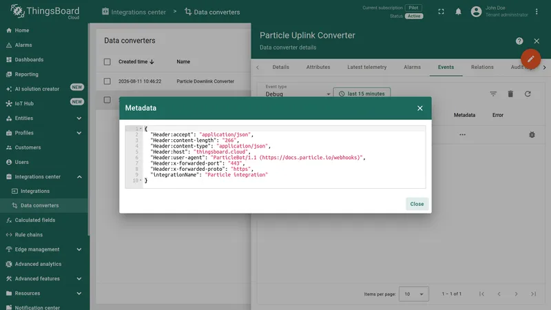 ThingsBoard — Metadata dialog showing the incoming webhook request HTTP headers (accept, content-length, content-type, host, user-agent ParticleBot) and integrationName