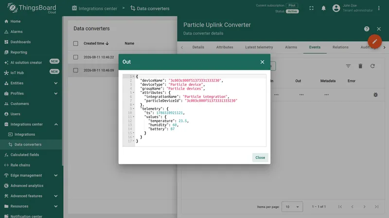 ThingsBoard — Out dialog showing the decoded deviceName, deviceType, groupName, attributes, and telemetry values produced by the converter