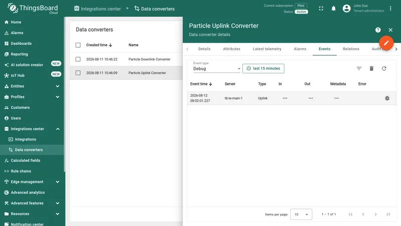 ThingsBoard Particle Uplink Converter — Events tab with one Uplink event and In, Out, and Metadata columns