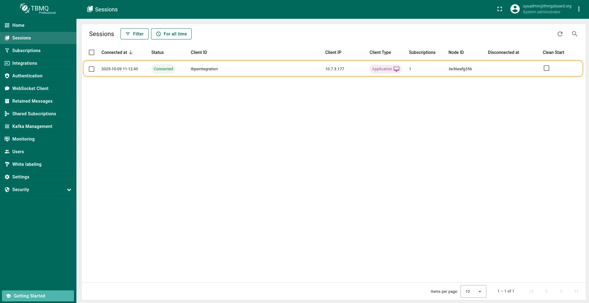 TBMQ Sessions page showing ThingsBoard integration connected