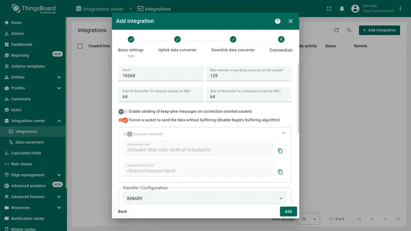 Add integration wizard — Connection: port 10560, Integration key and secret, Handler Configuration set to BINARY