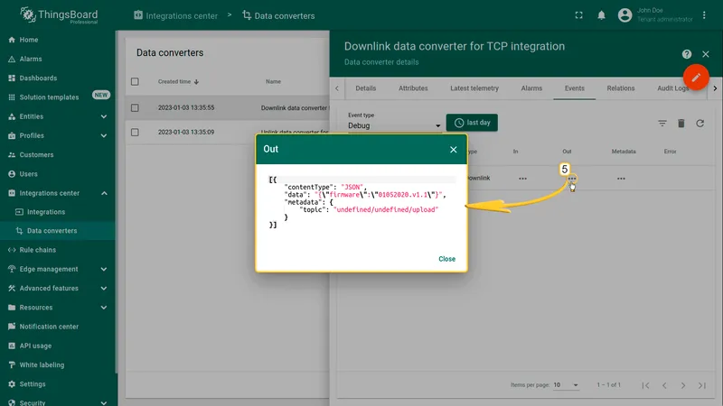 Downlink converter Events tab — Out event dialog showing encoded JSON payload with firmware value sent to the device