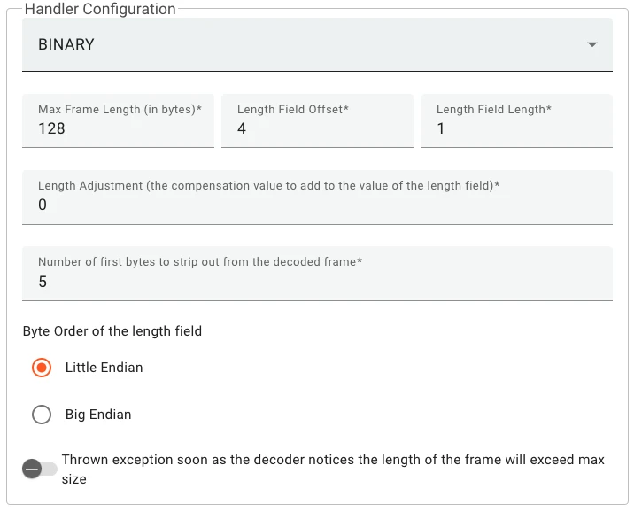 Handler Configuration panel for BINARY: Max Frame Length 128, Length Field Offset 4, Length Field Length 1, Length Adjustment 0, strip 5 bytes, Little Endian