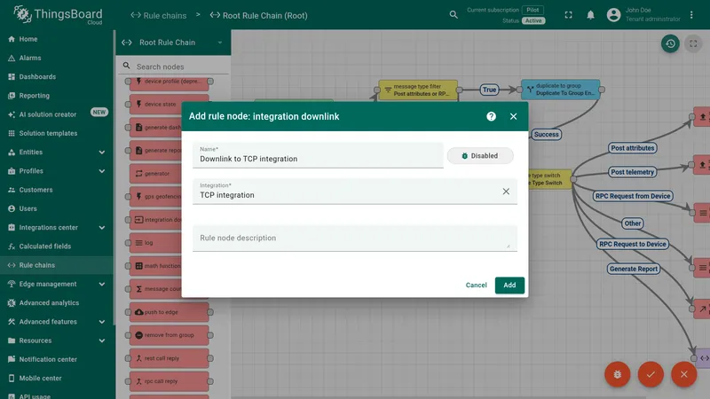 Add rule node dialog configured for a TCP integration downlink