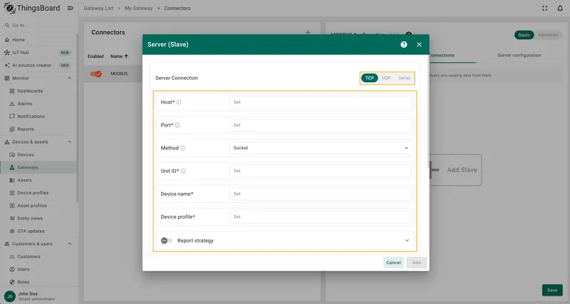 TCP server connection section