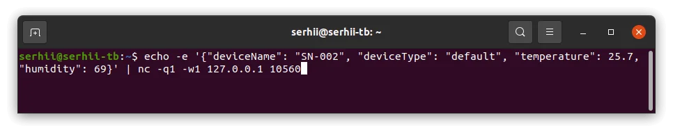 Terminal — JSON message sent to the TCP integration; no output indicates successful delivery