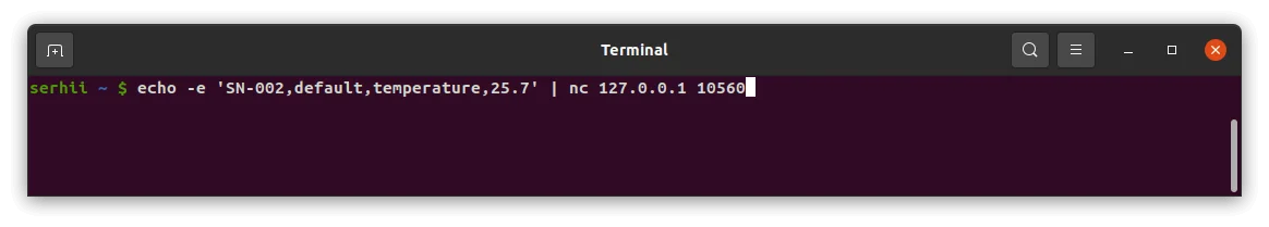 Terminal — single text message sent; connection kept open to receive a downlink response