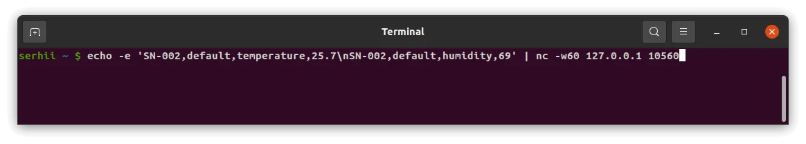 Terminal — two text messages sent; connection kept open with -w60 to receive a downlink response