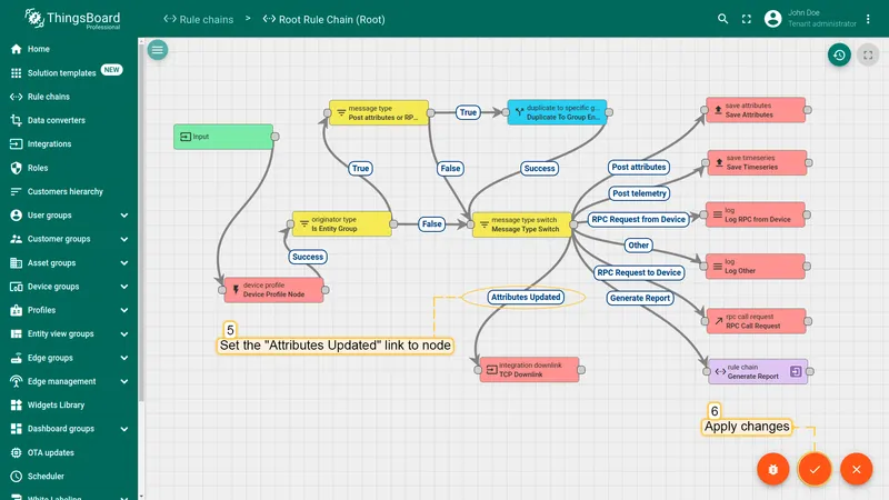 Root Rule Chain canvas: Message Type Switch connected to TCP Downlink node via Attributes Updated link, Apply changes highlighted