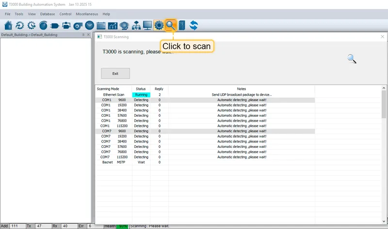 Connect T3E-6CT to PC by Ethernet cable and start T3000 software. Click the button "**Search**" to scan your network, the following view will appear