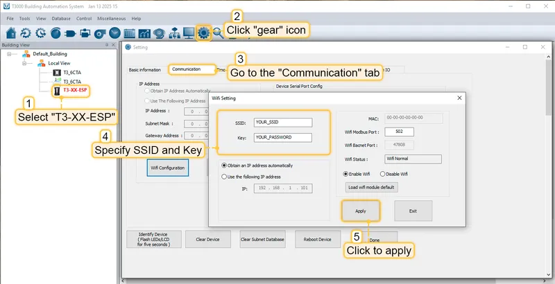 Click on "**Tstat10**" device in the sidebar, in the opened window select "**TCP/IP**" tab and click on the "**Wifi Configuration**" button. In the opened window, provide your Wi-Fi network credentials and click "**Apply**".