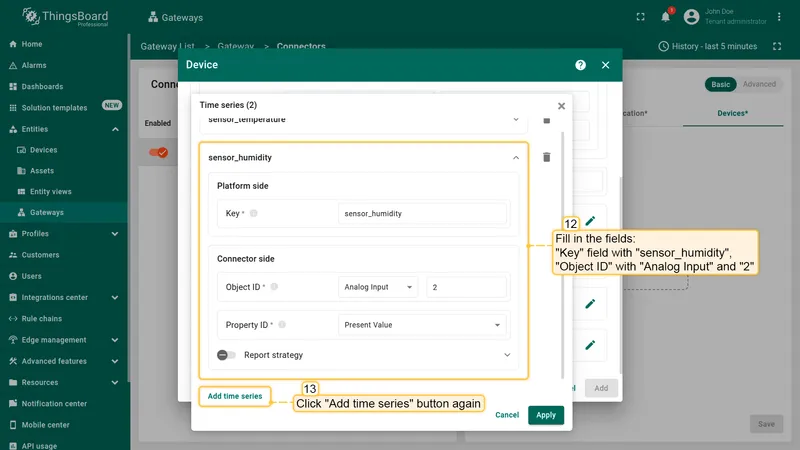 Fill in the "**Key**" field with "**sensor_humidity**", "**Object ID**" with "**Analog Input**" and "**2**"