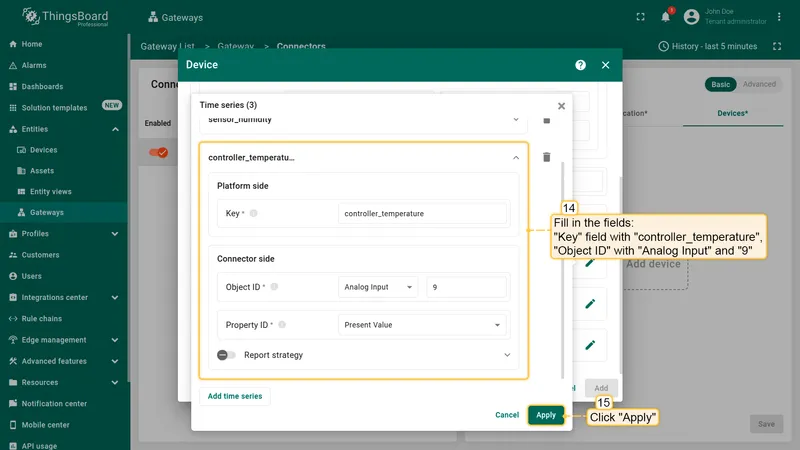 Fill in the "**Key**" field with "**controller_temperature**", "**Object ID**" with "**Analog Input**" and "**9**". Click "**Apply**" button