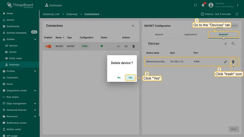 In the created connector go to "**Devices**" tab and delete default device