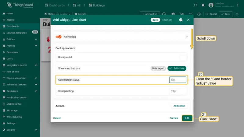 Card appearance settings with border radius cleared