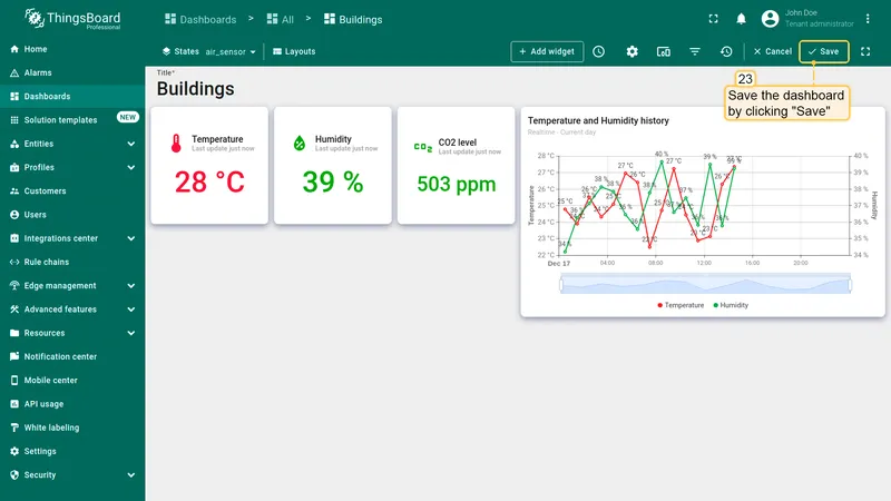 Final dashboard with Save button highlighted