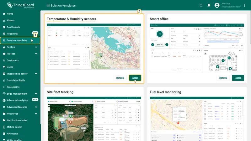Solution templates page with Temperature and Humidity sensors