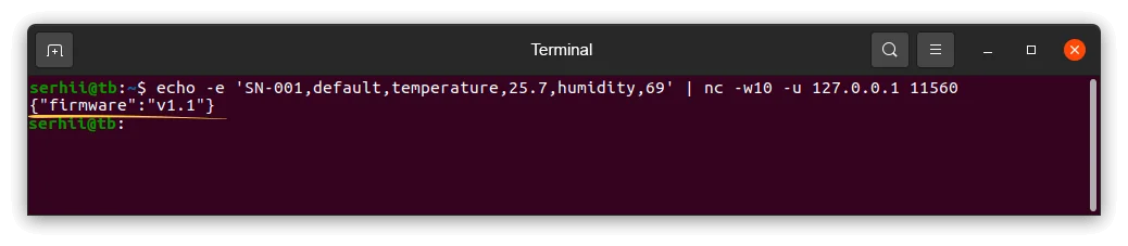 Terminal — uplink sent with nc -w10, downlink response {"firmware":"v1.1"} received