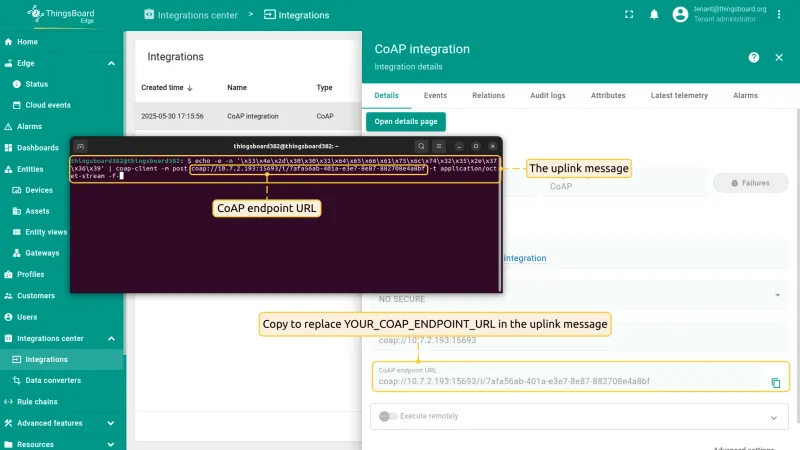 Terminal output after sending the binary payload via coap-client