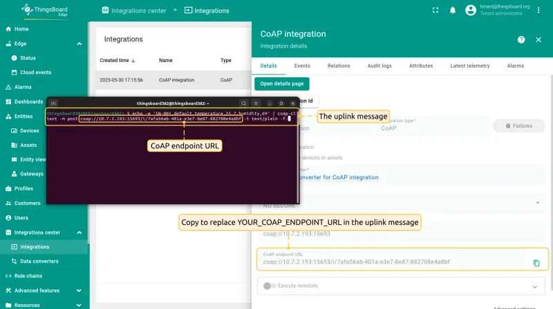 Terminal output after sending the text payload via coap-client