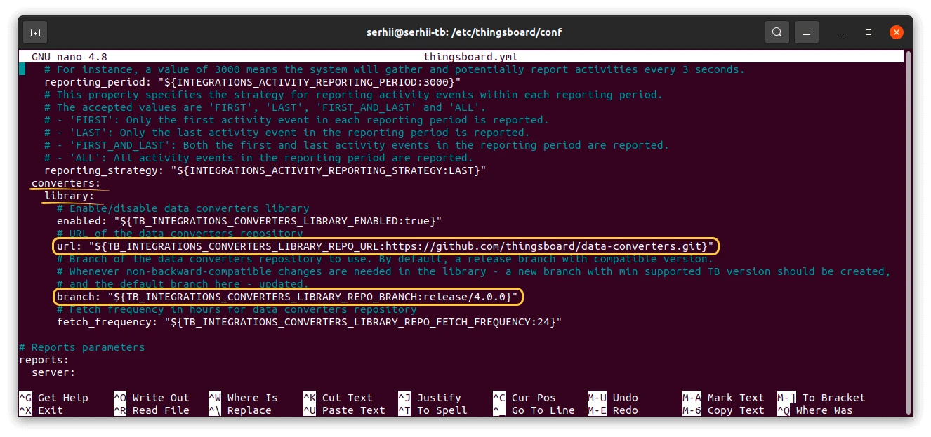 thingsboard.yml — converters library repo URL and branch configuration