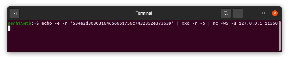 Terminal — hex payload sent to UDP integration on port 11560; no output indicates successful delivery