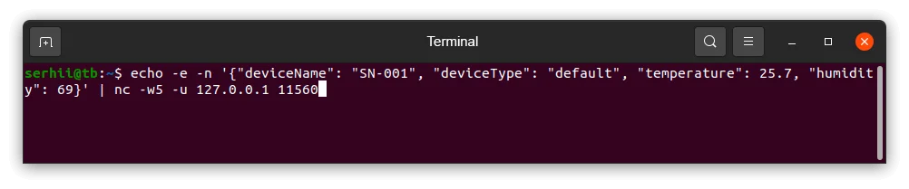 Terminal — JSON payload sent to UDP integration on port 11560; no output indicates successful delivery