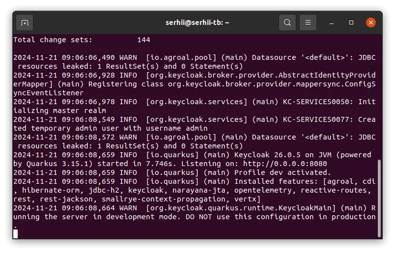 Keycloak startup output