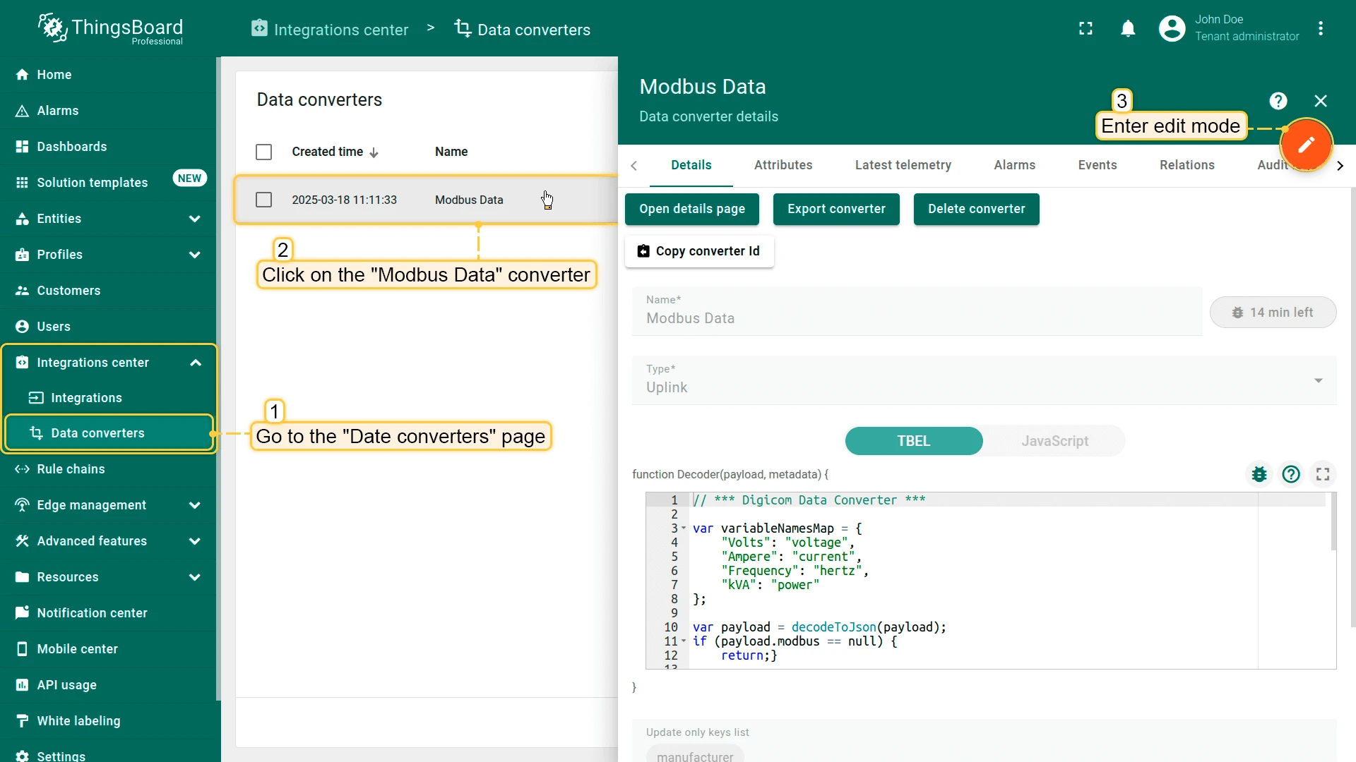 Data converters list with the Modbus Data converter open