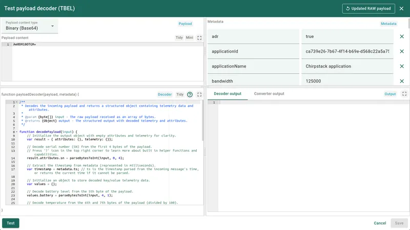 Test payload decoder dialog — Binary (Base64) payload on the left, metadata key-value pairs on the right, Decoder output tab showing decoded attributes and telemetry JSON