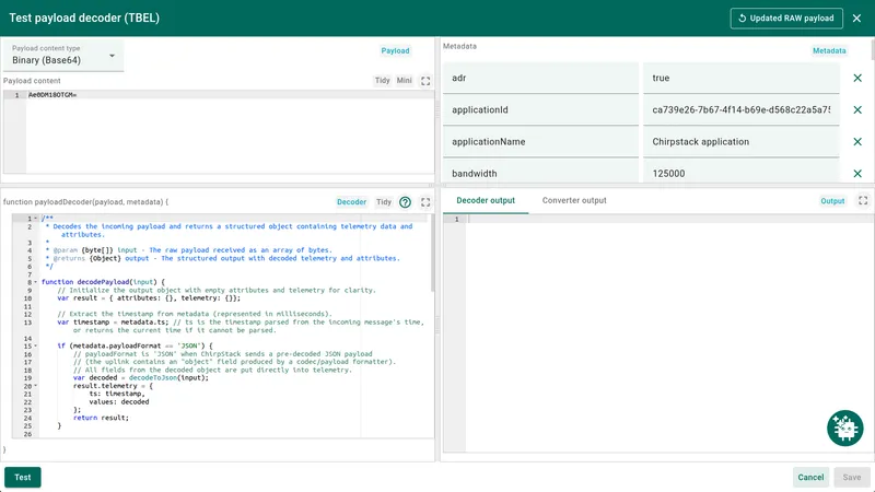 Test payload decoder dialog — Payload content type selector top-left, Payload editor below it, Metadata key-value list top-right, Decoder and Converter output tabs bottom-right