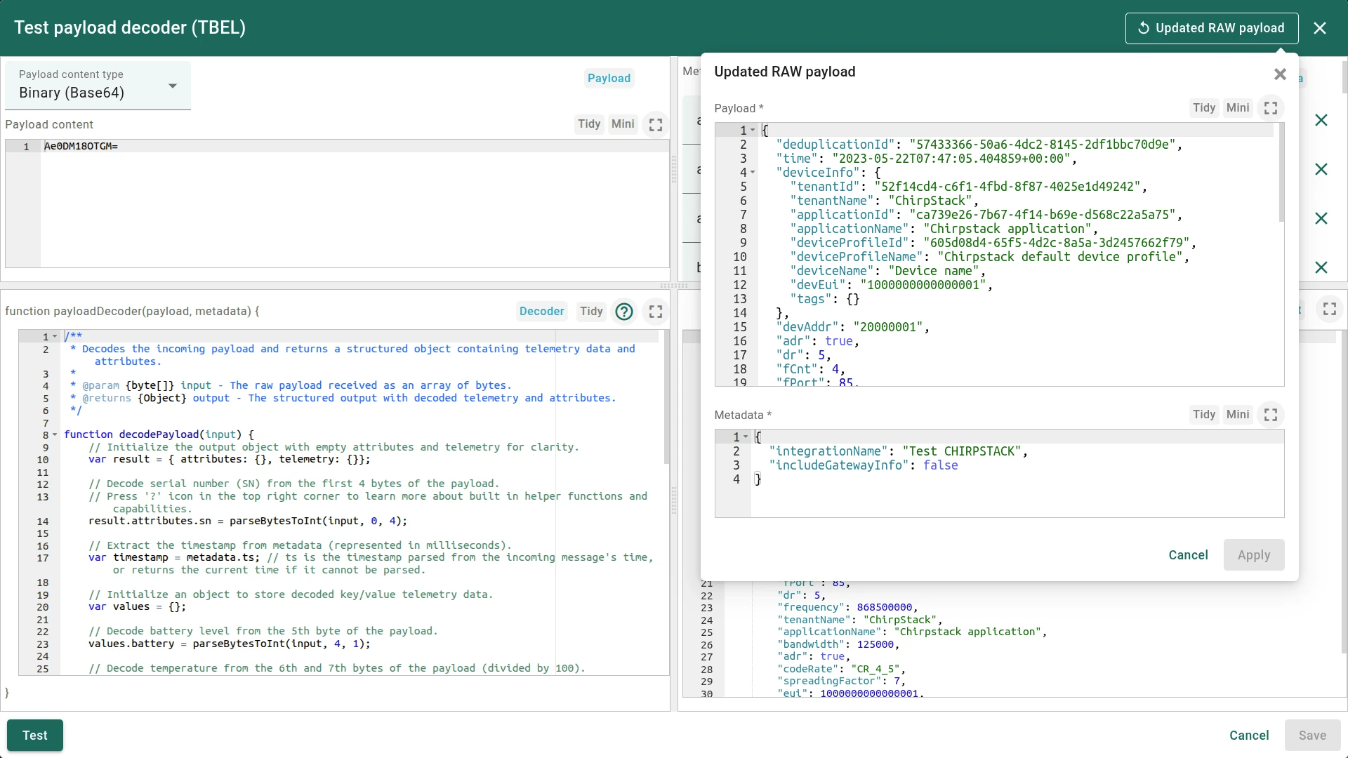 Updated RAW payload panel — full incoming ChirpStack message structure