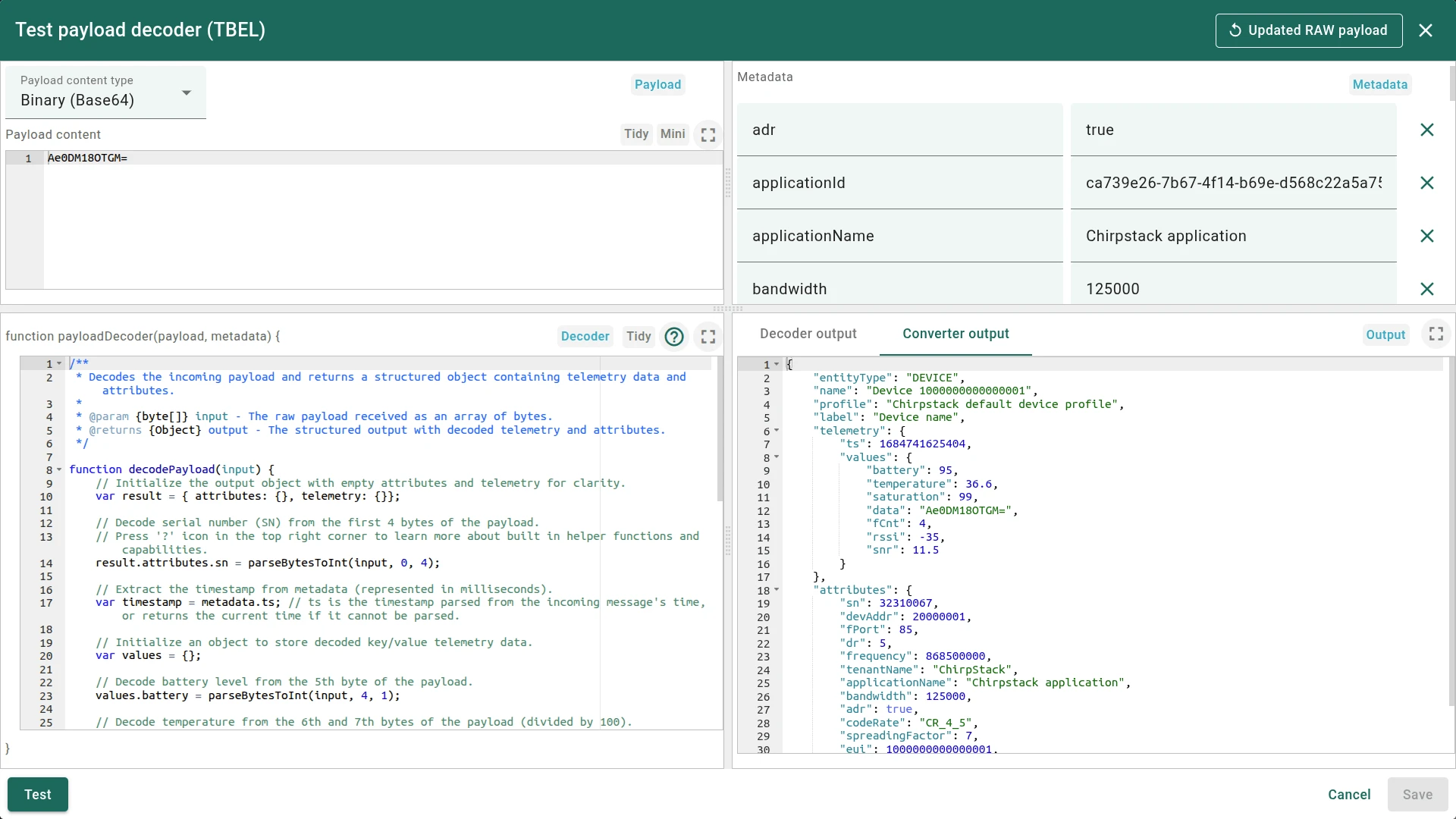 Test payload decoder dialog — Converter output tab active showing entityType, name, type, telemetry array, and attributes
