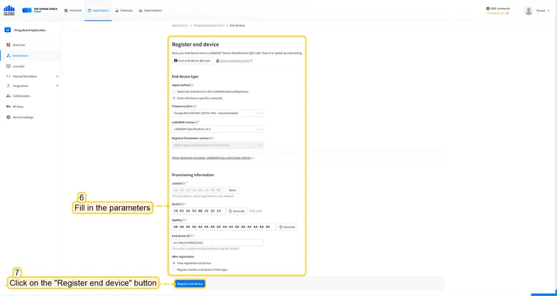 Fill the rest parameters and press **Register end device** button.