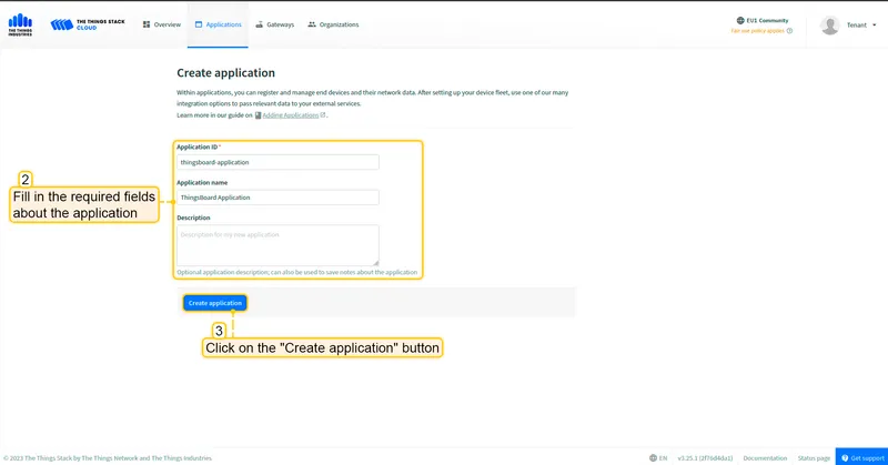 Fill in the required fields about the application. Then click "**Create application**" button.