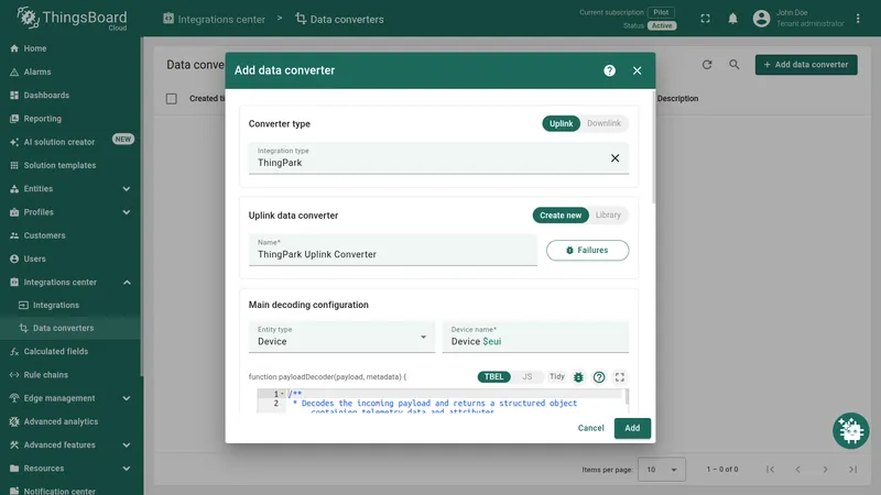 Add data converter — ThingPark uplink converter: integration type ThingPark, name, entity type Device, device name pattern
