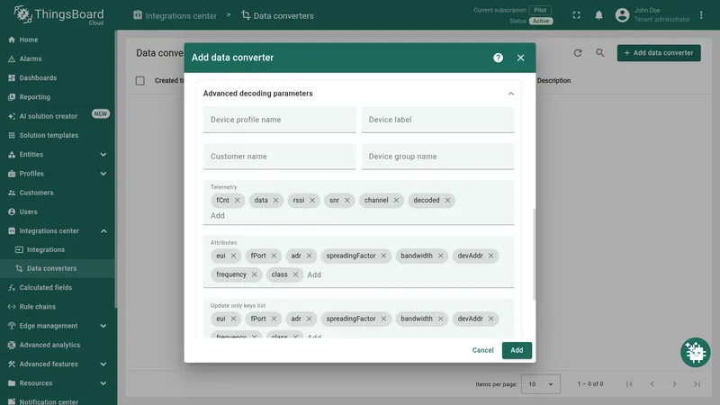 Add data converter — Advanced decoding parameters showing ThingPark telemetry and attribute keys