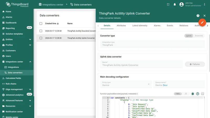 ThingPark Actility Uplink Converter imported successfully