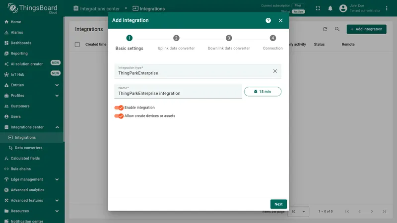 Add integration wizard — Basic settings: Integration type "ThingParkEnterprise", name field, Enable integration and Allow create devices or assets toggles on