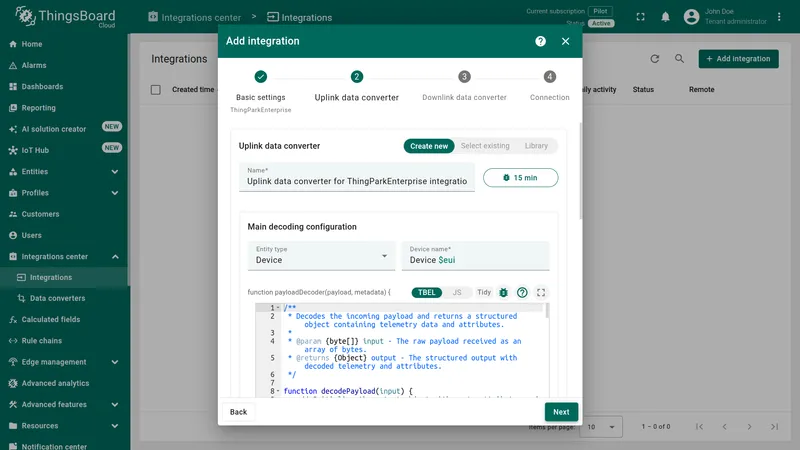 Add integration wizard — Uplink data converter step: Create new tab selected, name pre-filled, TBEL code editor open