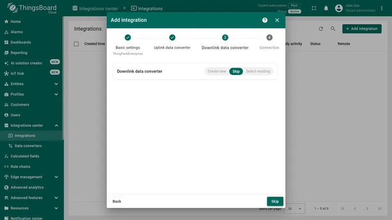 Add integration wizard — Downlink data converter step: Skip button highlighted