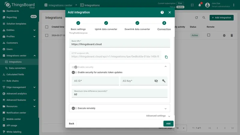 Add integration wizard — Connection step: Base URL, HTTP endpoint URL, Enable security, AS ID, AS Key, Maximum time difference fields