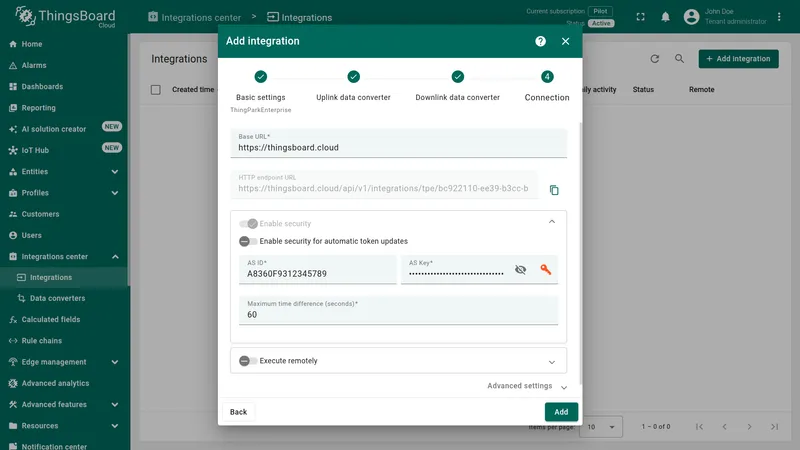 Add integration wizard — Connection step: Base URL, HTTP endpoint URL, Enable security, AS ID, AS Key, Maximum time difference fields