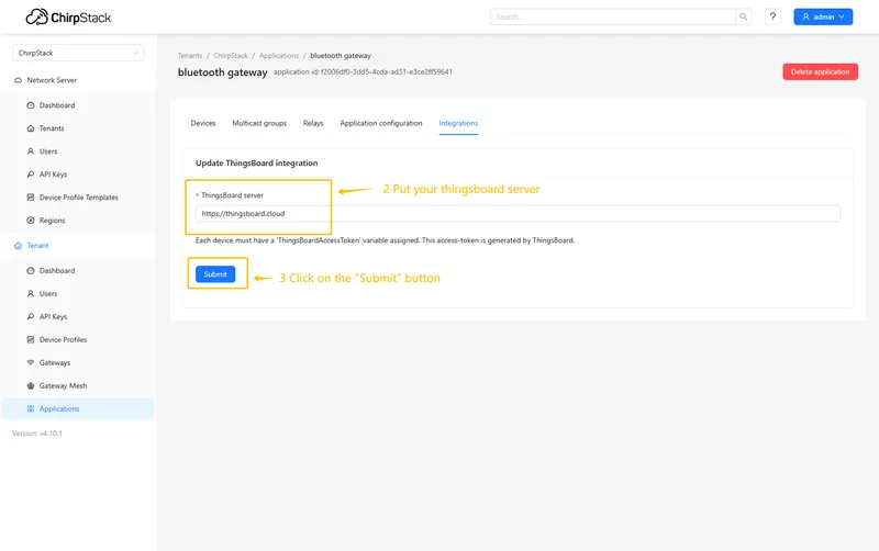 Enter **the URL of your ThingsBoard server** and click **Submit** button.
