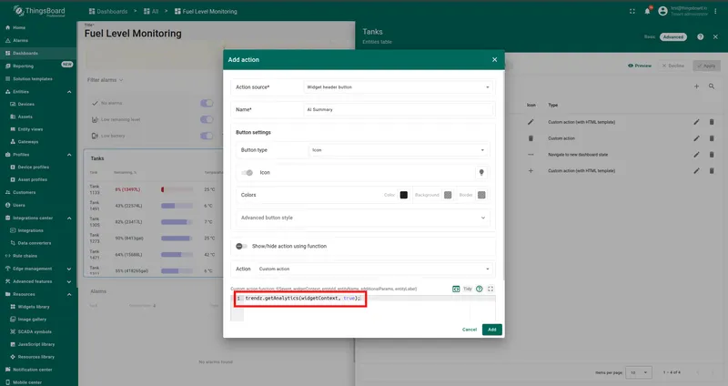 Custom action code field with trendz.getAnalytics call