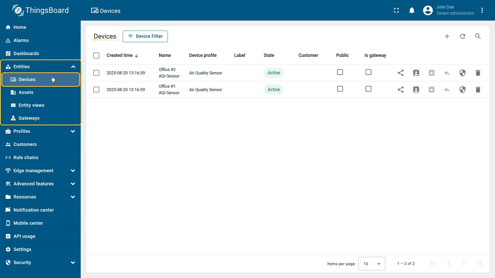 ThingsBoard device list
