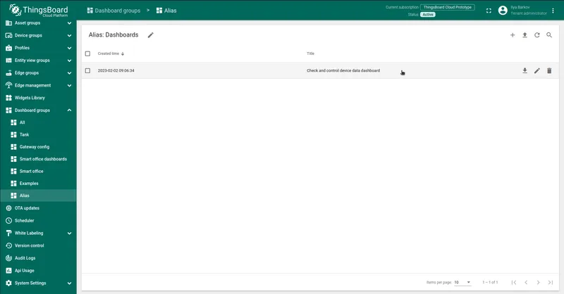 To check the data from our device we need to open the imported dashboard by clicking on it in the table.