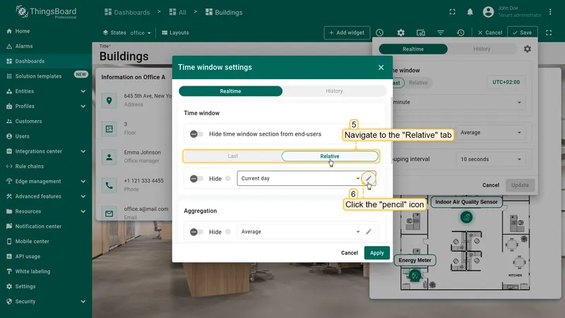 Time window settings dialog with Relative tab and pencil icon highlighted